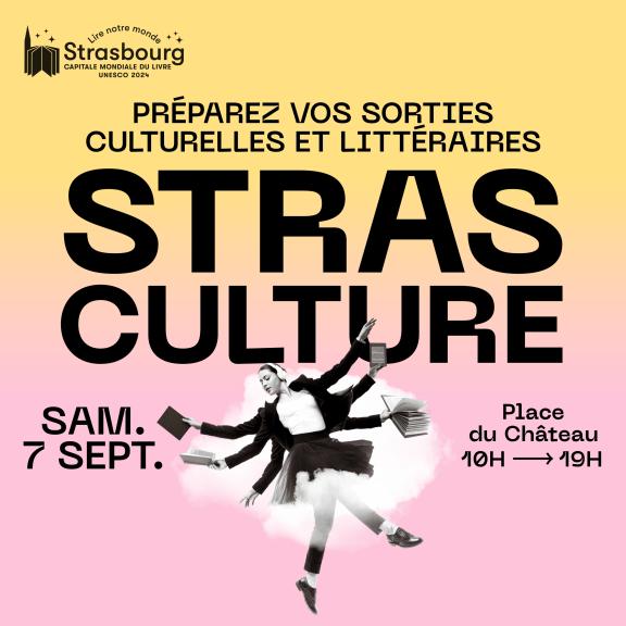 Bandeau officiel de Strasculture 2024 - une femme dansant avec des livres