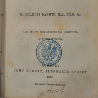 6e édition de The Origin of Species (achat 301, 11 octobre 1872) parue le 19 février 1872