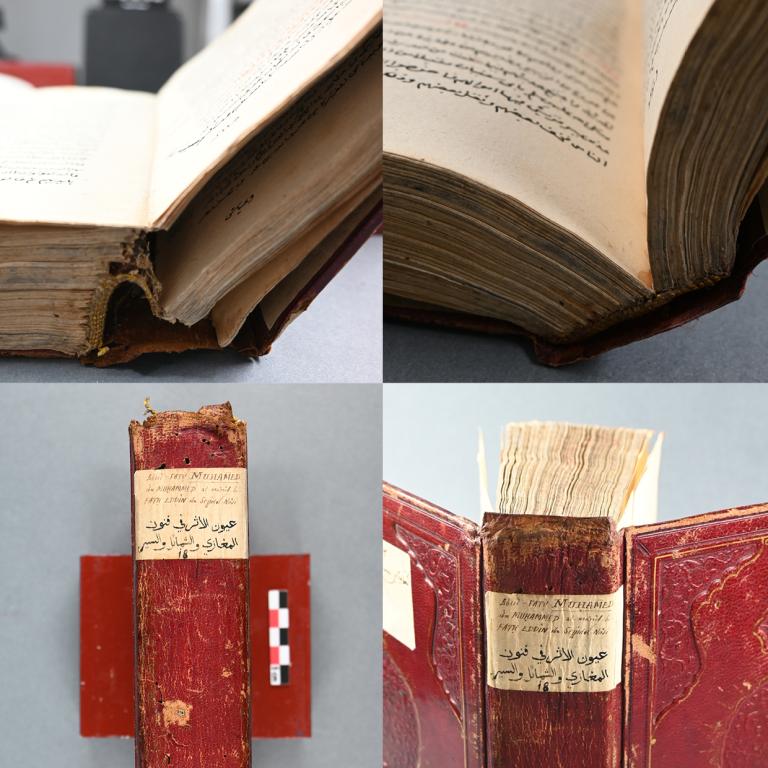 Travail de restauration sur un manuscrit arabe endommagé 