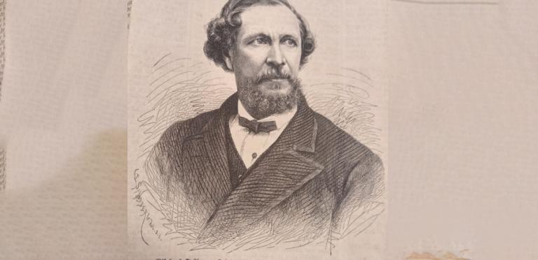 Portrait gravé de Nikolaus Trübner. Paru dans Ueber Land und Meer : Allgemeine Illustrirte Zeitung, n°33. Vers 1870. AL.51, 63-3