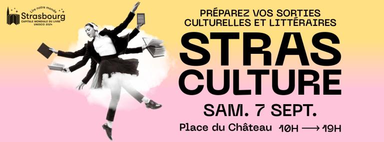 Bandeau officiel de Strasculture 2024 - une femme dansant avec des livres